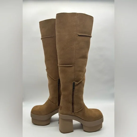 UGG Tall Suede Platform Shearling Lined Chunky Heel Boots Brown Size 7.5 - Picture 8 of 12